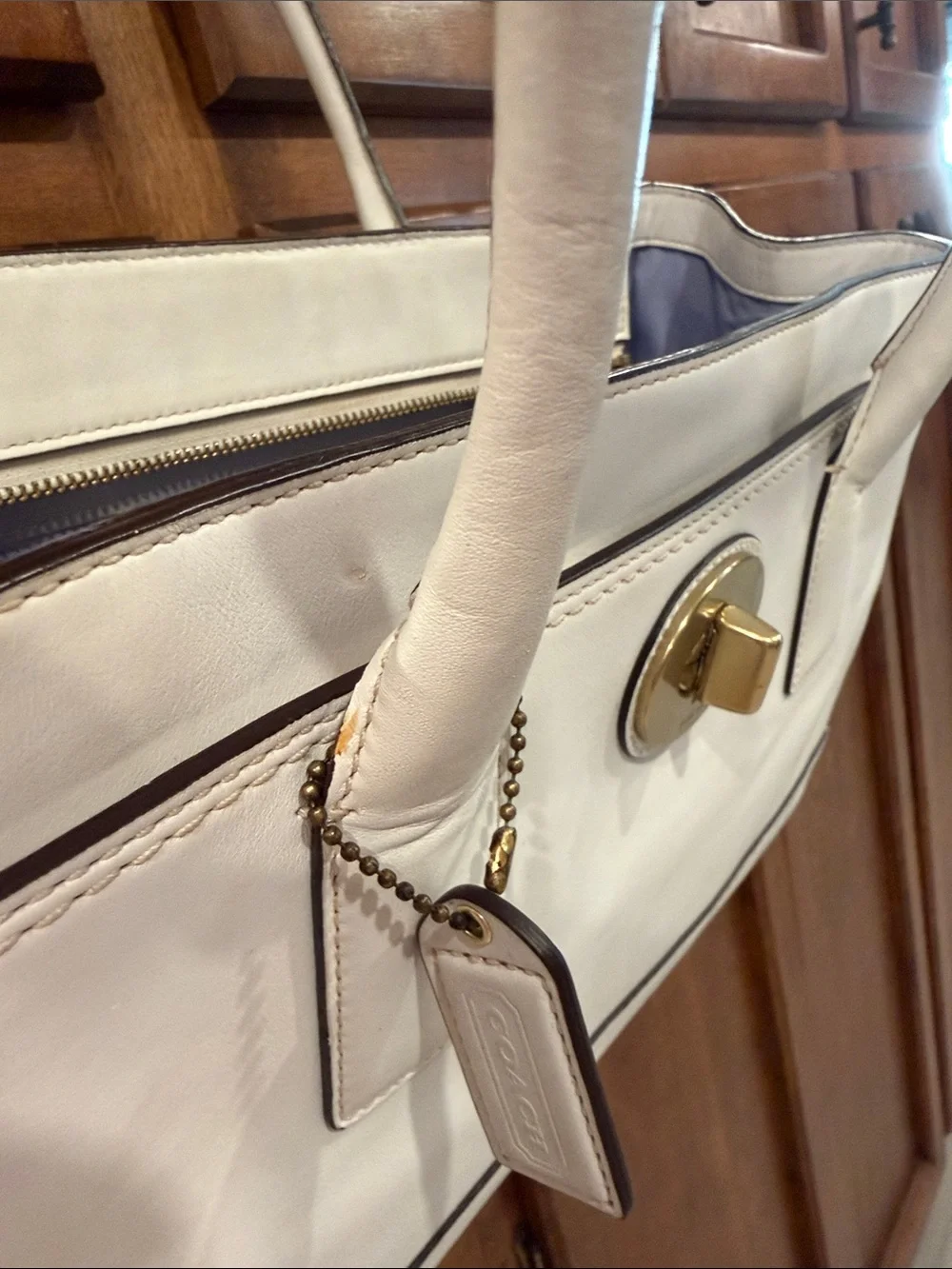 Coach Cream Leather Tote with Gold Turn-Lock